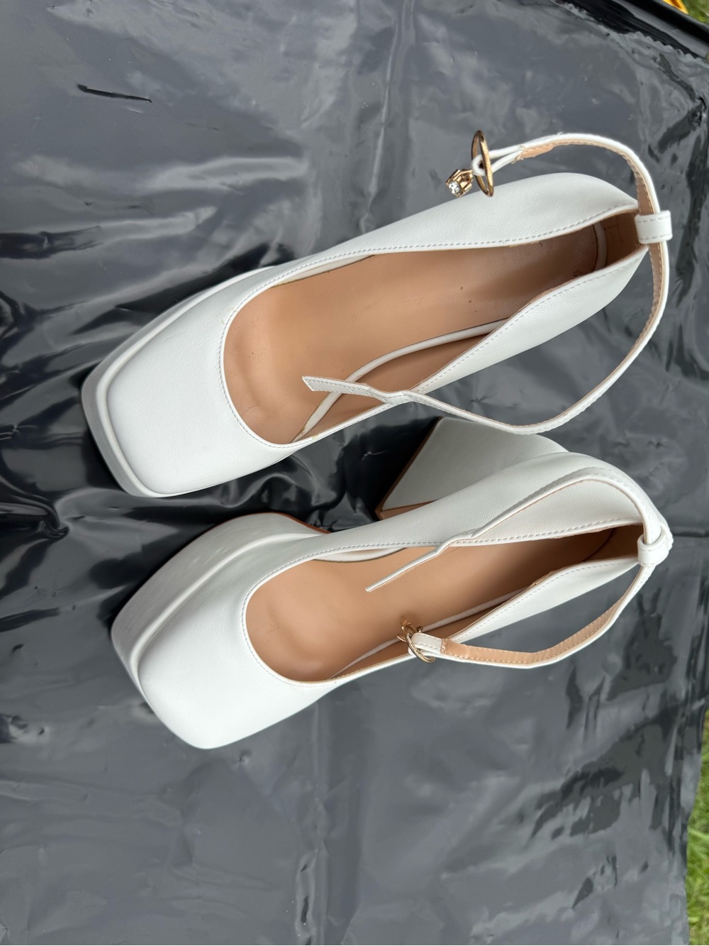 White Square-Toe Ankle-Strap Women's Heels